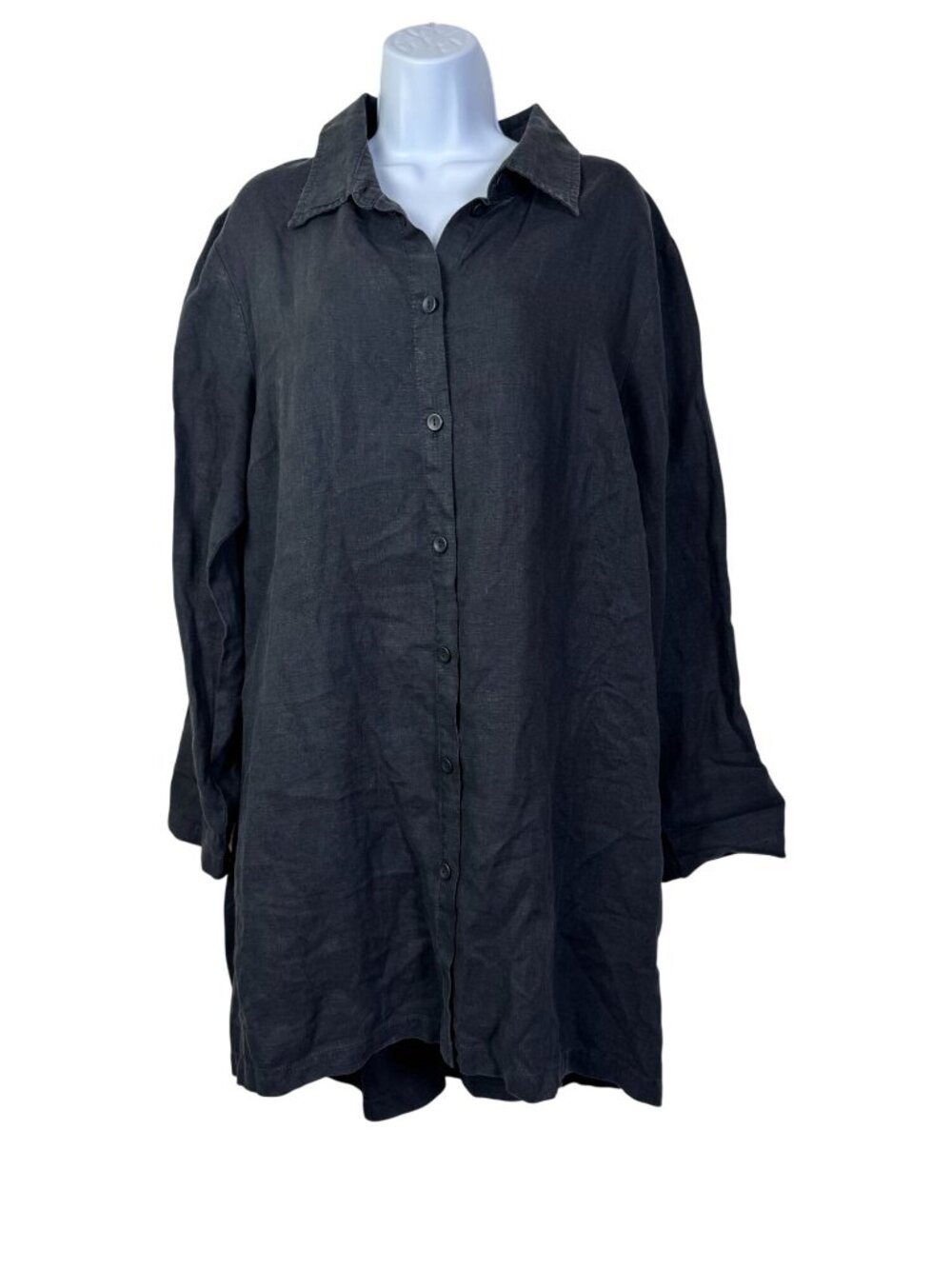 Flax Womens Black Long Sleeve 100% Linen Button Up Tunic Shirt Dress Size Medium